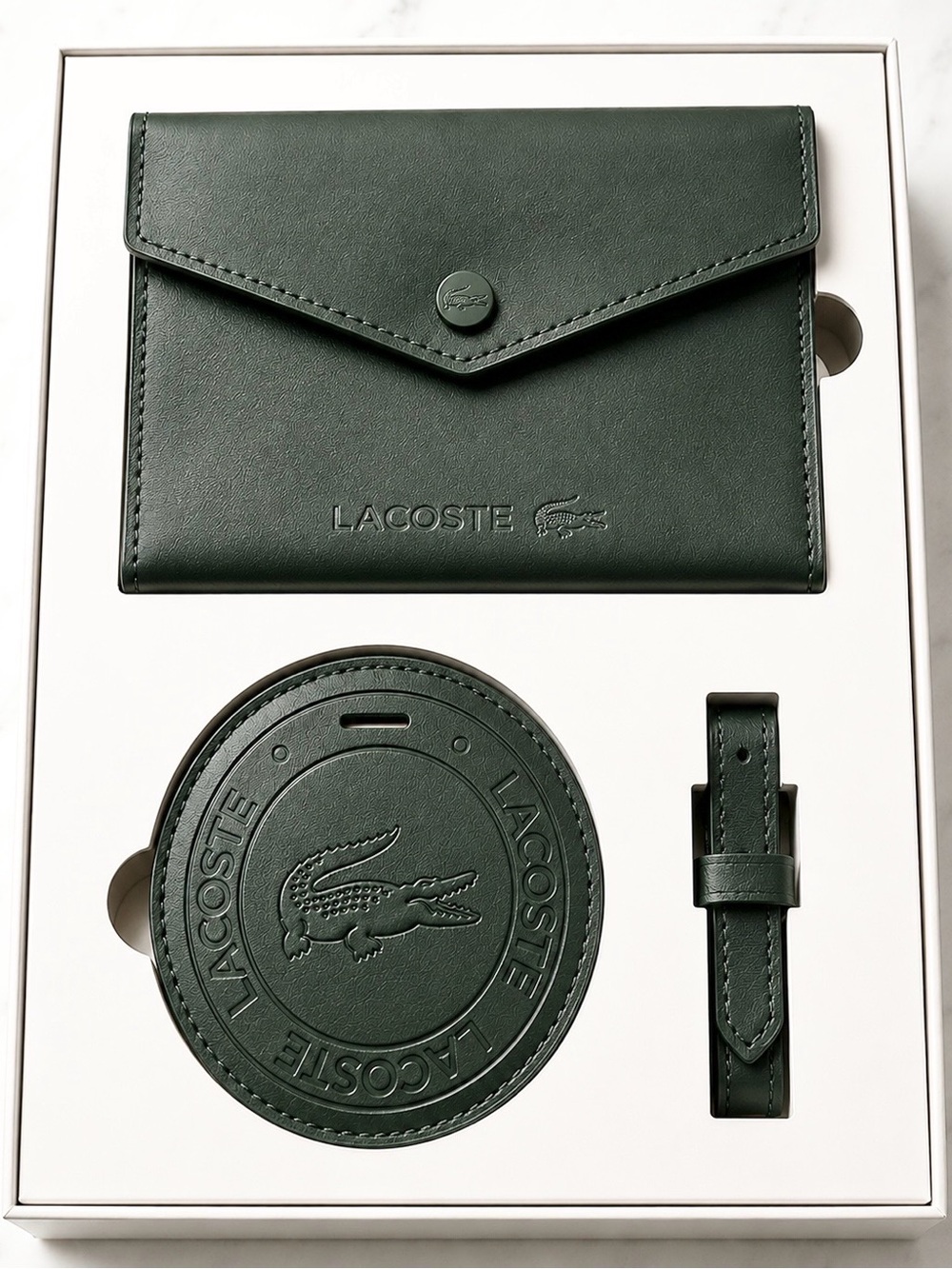 Lacoste Dark Green Leather Travel Set (Passport Cover and Luggage Tag)